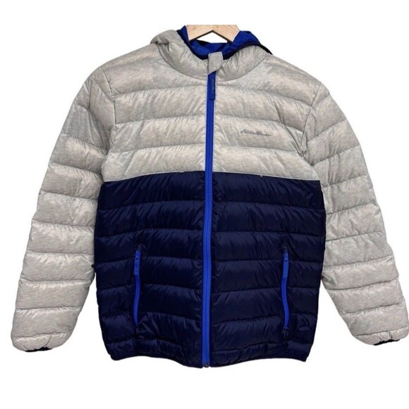Eddie Bauer Boy's White And Navy Full Zip Hooded Puffer Coat Size M 10/12 Down j - Picture 1 of 13